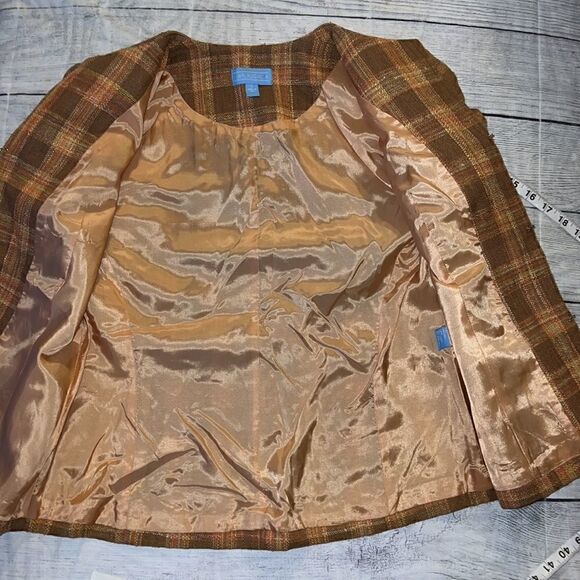 J. McLaughlin Silk Tweed Plaid Blazer Jacket Brown Orange Pockets sz 6 - Picture 8 of 11